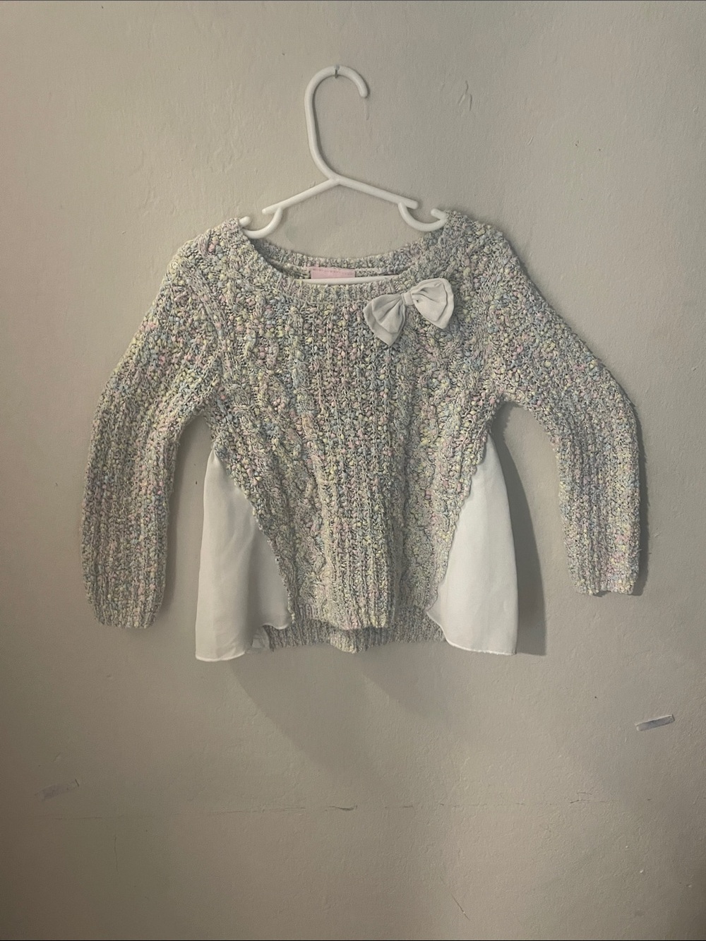 Little Lass Cream Multicolor Knit Sweater with Bow